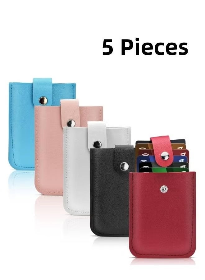 5 قطع من حافظات بطاقات الائتمان الجلدية القابلة للسحب للنساء، محفظة جيب رفيعة بإغلاق كبس، منظم بطاقات ائتمان قابل للتكديس للسفر، هدية للرجال (5 ألوان) - Image 1